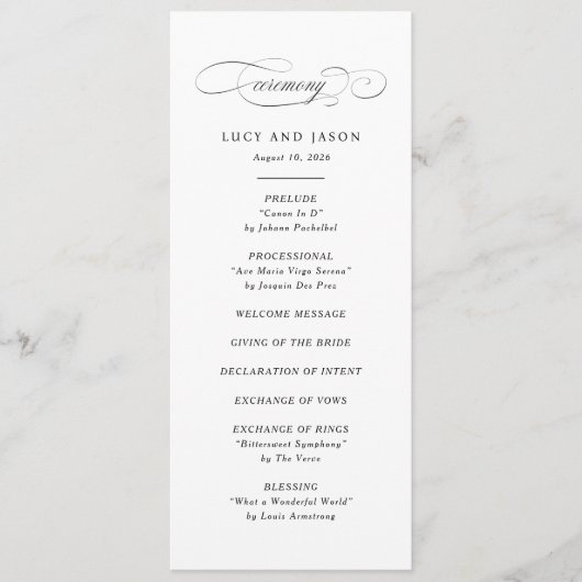 Klassieke Script Elegantie Huwelijksceremonie Programmakaart (Voorkant)