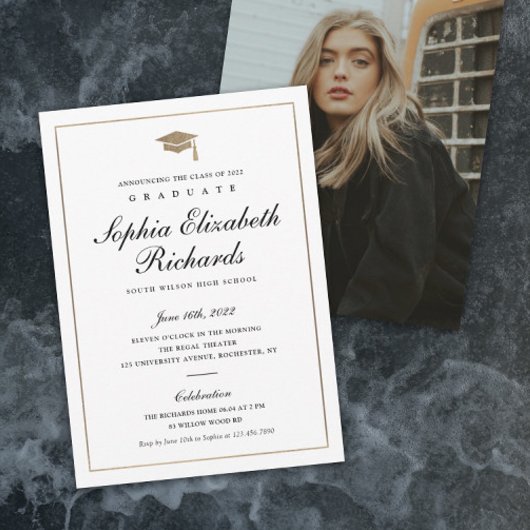 Klassieke Script Gouden Foto Afstudeer Uitnodiging