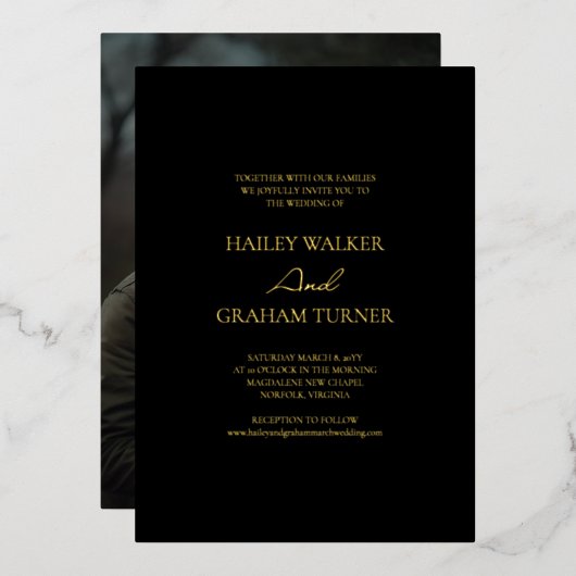 Klassieke Script kalligrafie zwart foto bruiloft Folie Uitnodiging (Voorkant / Achterkant)