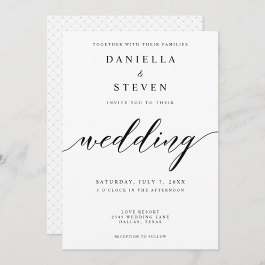 Klassieke Script kalligrafie zwart wit bruiloft Kaart (Voorkant / Achterkant)