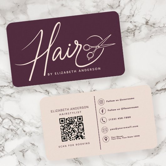Klassieke Script Kapsalon Plum QR Code Visitekaartje