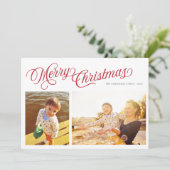 Klassieke Script Prettig Kerstfeest | Rode 2 foto  Feestdagenkaart (Staand voorkant)