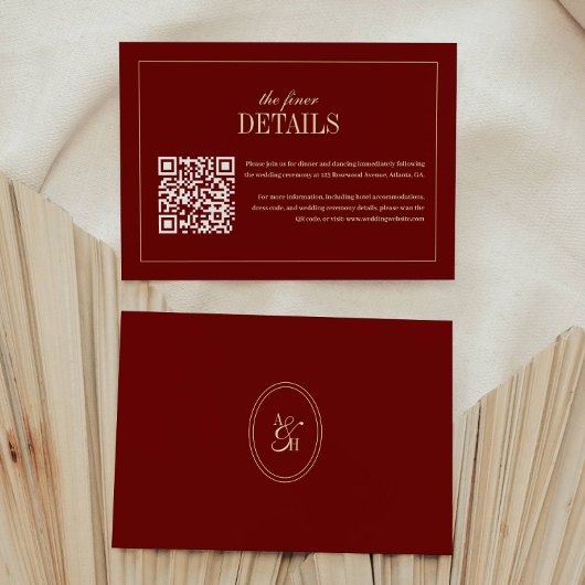 Klassieke Script Wijnrode QR-code Huwelijksdetails Informatiekaartje