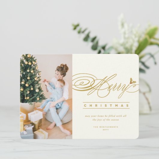 Klassieke scriptaserfoto van Merry Kerstmis Feestdagenkaart (Staand voorkant)