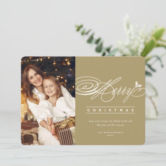 Klassieke scriptaserfoto van Merry Kerstmis Feestdagenkaart (Staand voorkant)