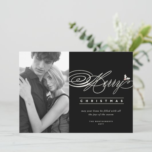Klassieke scriptaserfoto van Merry Kerstmis Feestdagenkaart (Staand voorkant)