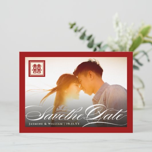 Klassieke scriptfoto van dubbel geluk Chinees Save The Date (Staand voorkant)