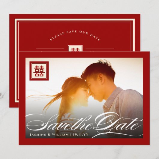 Klassieke scriptfoto van dubbel geluk Chinees Save The Date (Voorkant / Achterkant)