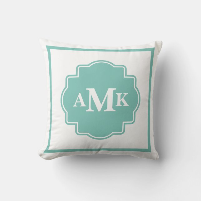 Klassieke seafoam Green en White Monogram Pillow Kussen (Voorkant)