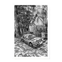 Klassieke sedan auto inkt schets zwart-wit retro