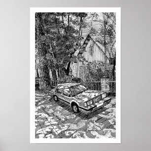 Klassieke sedan auto inkt schets zwart-wit retro poster