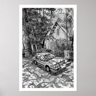 Klassieke sedan auto inkt schets zwart-wit retro poster