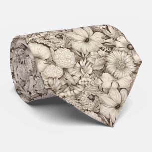 Klassieke Sepia Bloemmotief Ivoor Botanische Elega Stropdas