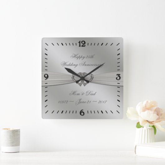 Klassieke Silver 25th Wedding Jubileum Wall Clock Vierkante Klok (Huis)