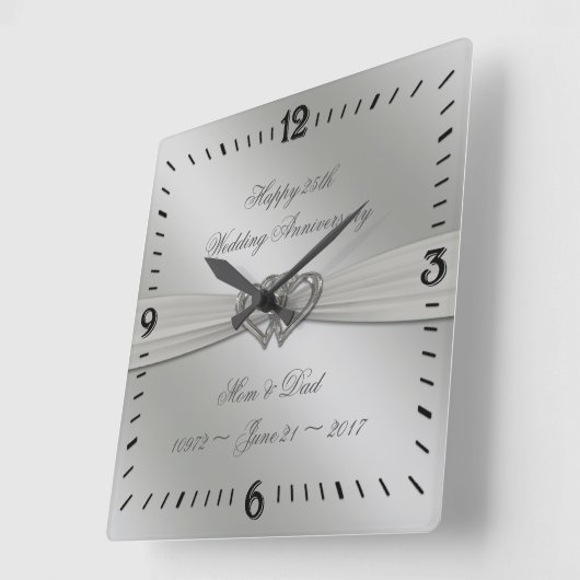 Klassieke Silver 25th Wedding Jubileum Wall Clock Vierkante Klok (Hoek)