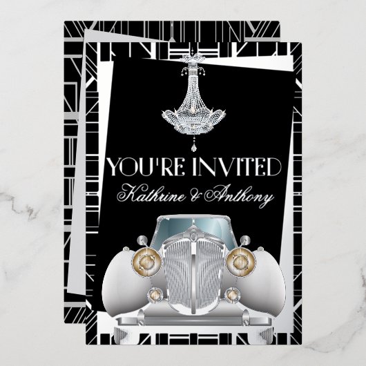 Klassieke SILVER Gatsby Deco Wedding Folie Uitnodi Folie Uitnodiging (Voorkant / Achterkant)