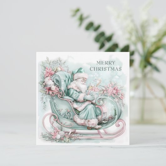 Klassieke slee van Kerstman in blauw, turquoise en Feestdagenkaart (Staand voorkant)