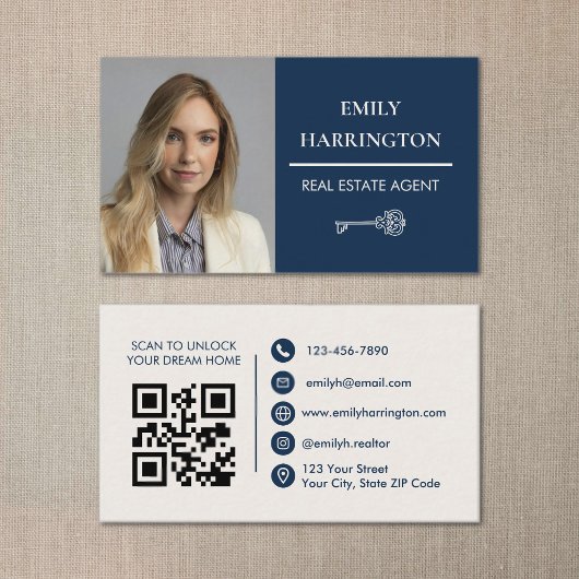 Klassieke Sleutel QR Code Marine Vastgoedmakelaar Visitekaartje