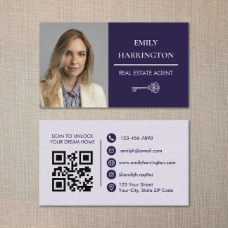 Klassieke Sleutel QR Code Paars Makelaar Visitekaartje