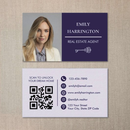 Klassieke Sleutel QR Code Paars Makelaar Visitekaartje