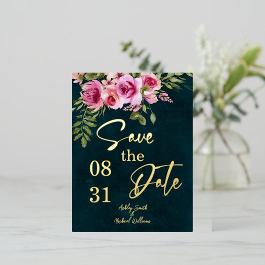 Klassieke Smaragd Groen Donker Moody Bruiloft Folie Uitnodiging Briefkaart (Staand Voorkant)