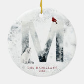 Klassieke Sneeuwachtige Kerstmis Winter Scène Mono Keramisch Ornament (Achterkant)