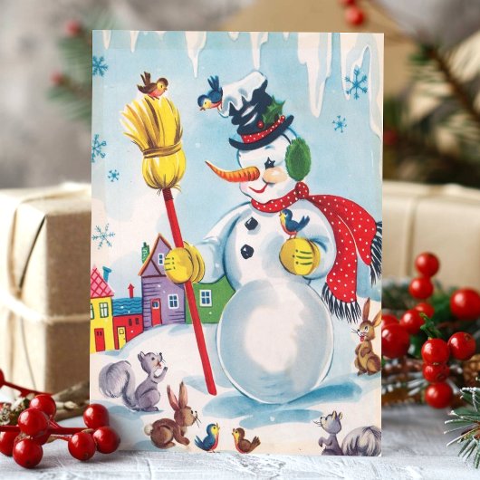 Klassieke Sneeuwman en Bosdieren Schattig Retro Feestdagenkaart