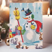 Klassieke Sneeuwman en Bosdieren Schattig Retro Feestdagenkaart