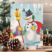 Klassieke Sneeuwman en Bosdieren Schattig Retro Feestdagenkaart
