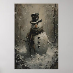 Klassieke Sneeuwman Winter Kunst Besneeuwd Bos Muu Poster