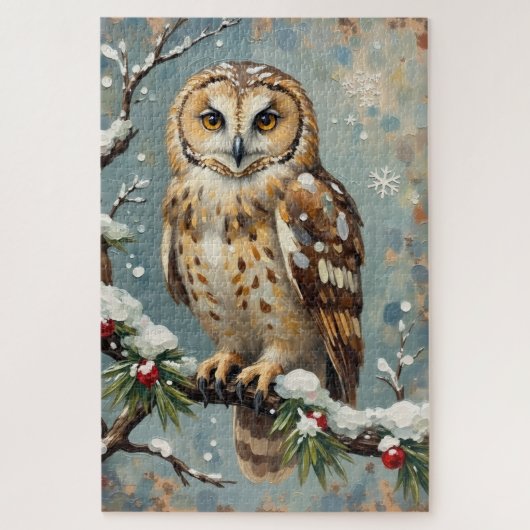 Klassieke Sneeuwuil met Kerstdennenkrans Kunst Legpuzzel (Verticaal)