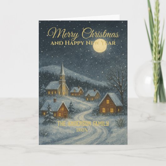 Klassieke Snowy Village familienaam Kerstmis Kaart (Voorkant)