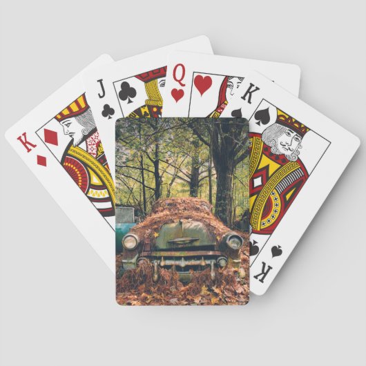 Klassieke speelkaarten met vintage auto in herfstb (Achterkant)