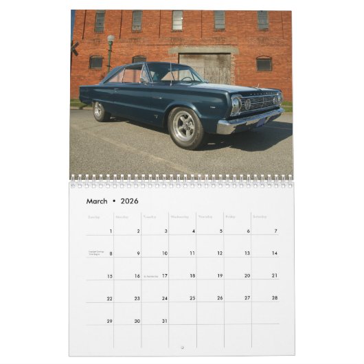 Klassieke spier auto ritten kalender (Mar 2026)