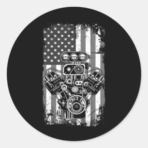 Klassieke Spierauto Zuiger Amerikaanse Vlag Grappi Ronde Sticker