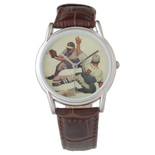 Klassieke sport honkbal, Speler die naar thuis gli Horloge