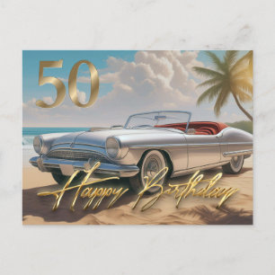 Klassieke sportwagen op een tropisch strand Gelukk Briefkaart