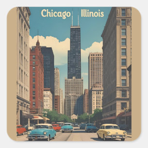 Klassieke stadsgezicht van Chicago Illinois Retro  Vierkante Sticker