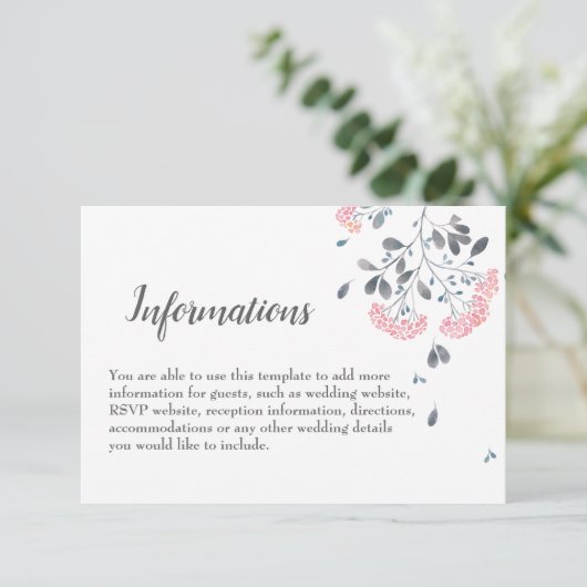 Klassieke stijlvolle grijze roze waterverf bruilof informatiekaartje (Staand voorkant)