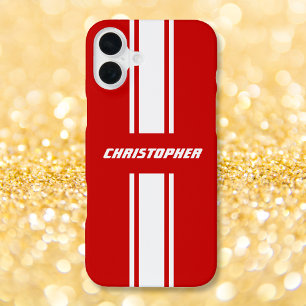 Klassieke Stijlvolle Rood Wit Racing Stripes Monog iPhone 16 Plus Hoesje