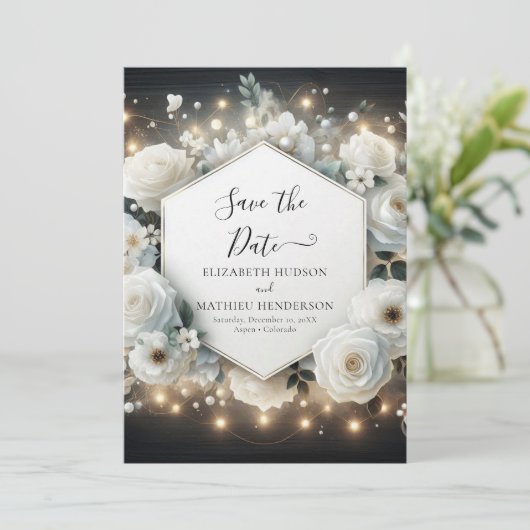 Klassieke stijlvolle witte rozen bruiloft save the date (Staand voorkant)