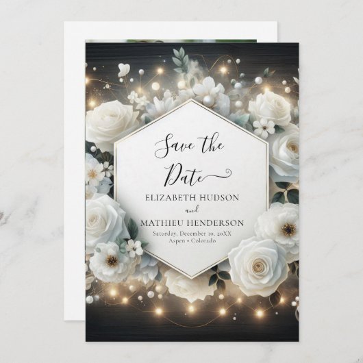 Klassieke stijlvolle witte rozen bruiloft save the date (Voorkant / Achterkant)