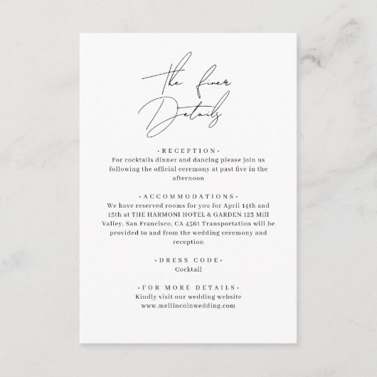 Klassieke stijlvolle zwart-wit bruiloft details informatiekaartje (Voorkant)