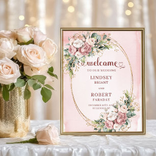 Klassieke Stof Roze Bloemen Gouden Welkomstbord Poster