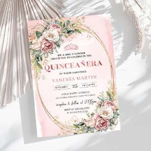 Klassieke Stof Roze Bloemen Groene Quinceanera Kaart