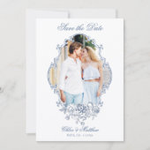 Klassieke Stofblauwe Bloem Fotolijst Trouwset Save The Date (Voorkant)