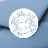 Klassieke Stofblauwe Bloemenkroon Monogrammen Ronde Sticker