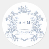Klassieke Stofblauwe Bloemenkroon Monogrammen Ronde Sticker (Voorkant)