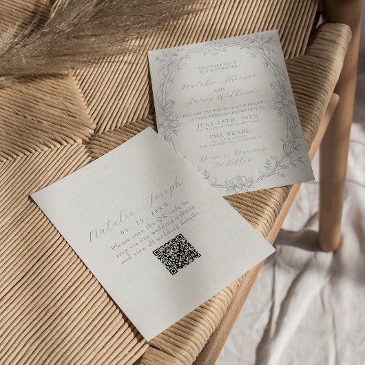 Klassieke Stofblauwe Boho Bloemencode QR Code Huwe Kaart
