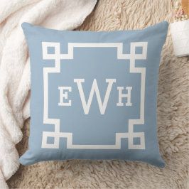 Klassieke Stofblauwe Griekse Sleutel Monogram Init Kussen